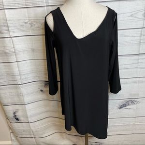 Black stretch V neck top, shark bite cutout shoulders